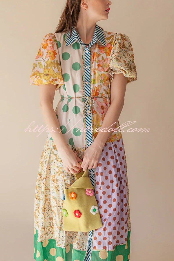 Linen Blend Unique Print Lapel Puff Sleeve Casual Midi Dress