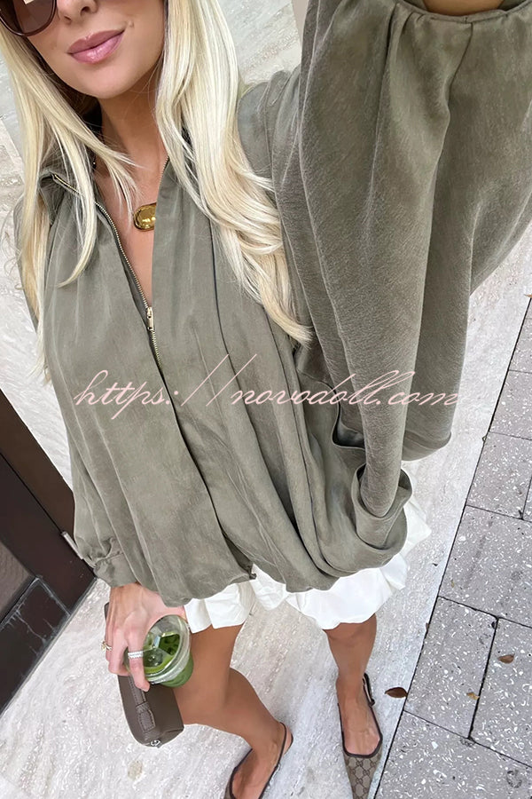 Fashion Lapel Loose Puff Long Sleeve Casual Zipper Jacket