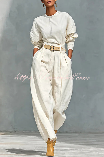 Fashionable Round Neck Long-sleeved Casual Top and High Waist Pocket Loose Wide-leg Pants Set