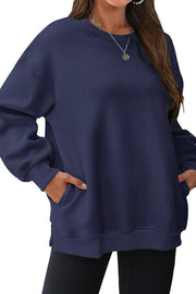 Solid Color Round Neck Pocket Loose Warm Long Sleeve Sweatshirt