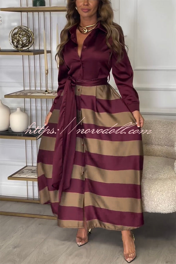 Lindsey Satin Colorblock Contrast Long Sleeve Belted Shirt Maxi Dress