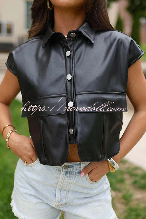 Fashion Faux Leather Pocket Sleeveless Cropped Jacket