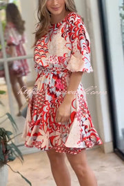 Unique Printed Round Neck Short Sleeve Waist Tie Vacation Mini Dress