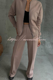 Solid Color Casual Long Sleeve Zipper Jacket and Elastic Waist Pocket Wide Leg Pants Set