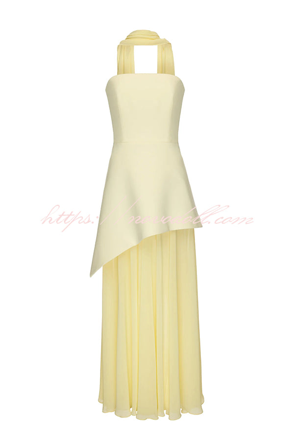 Monaco Off Shoulder Structured Top Chiffon Slit Hem Scarf Maxi Dress