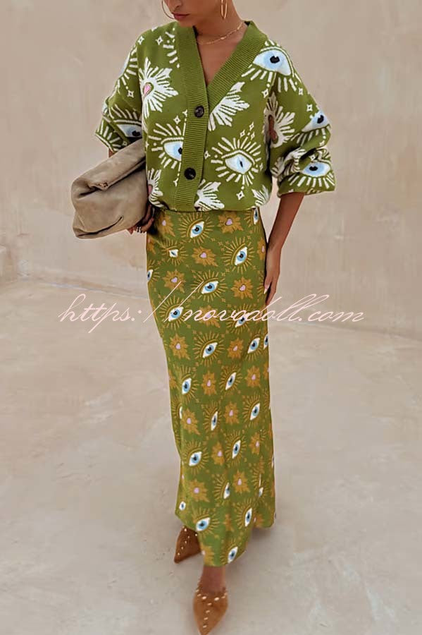 Mysterious Magic Satin Eye Heart Pattern Elastic Waist Drape Maxi Skirt
