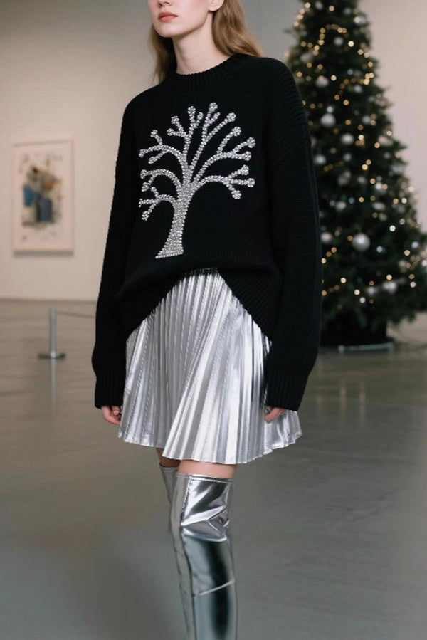 Silver Christmas Tree Loose Long-Sleeved Knit Sweater