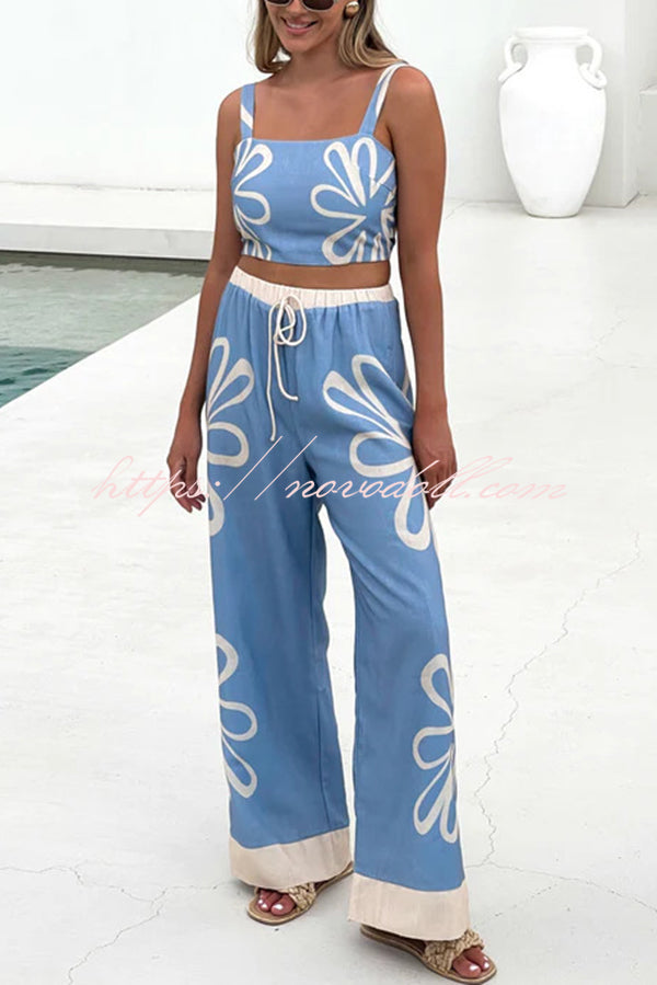 Floral Print Suspender Back Pleated Top and Elastic Waist Drawstring Pants Set