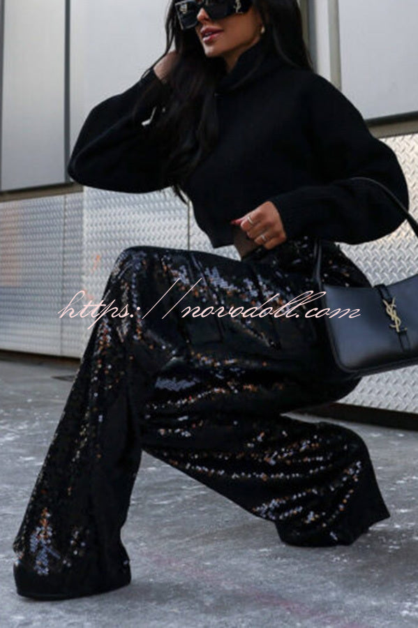 Night Gathering Sequin High Rise Pocketed Wide Leg Cargo Pants