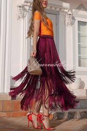 Elegant Tassel Hem Elastic Waist Casual Maxi Skirt
