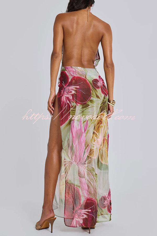 Floral Print Sexy Backless Slit See-Through Holiday Maxi Dress