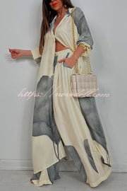 Unique Printed Casual Loose Long Shirt and Elastic Waist Pocket Wide Leg Pants Set