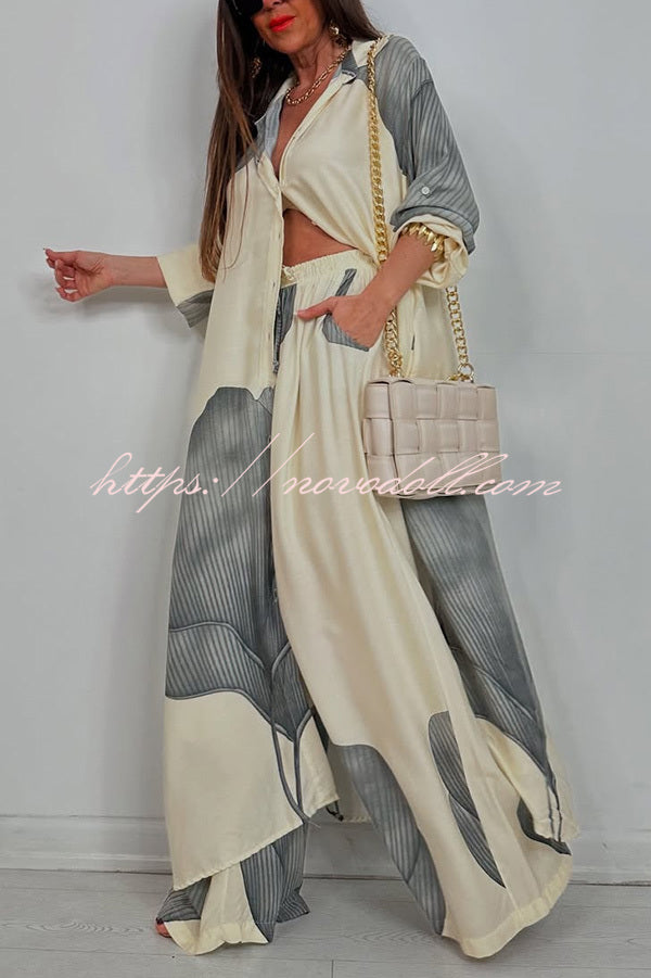 Unique Printed Casual Loose Long Shirt and Elastic Waist Pocket Wide Leg Pants Set
