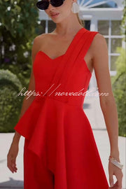 Amena One Shoulder Sweetheart Neck Ruffle Hem Top and Elastic Waist Pocket Wide Leg Pants Set