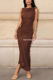 Fashionable Metallic Embellishments Pleated Sleeveless Slim-fit Maxi Dress