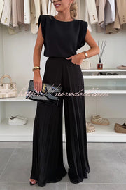 Fashionable Round Neck Shoulder Pads Top and Elastic Waist Pleated Wide-leg Pants Set