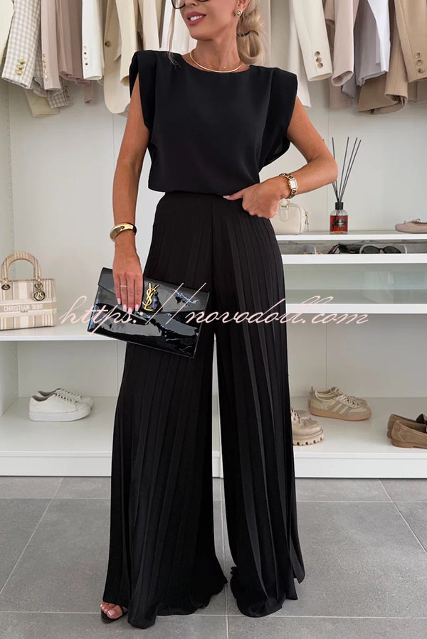 Fashionable Round Neck Shoulder Pads Top and Elastic Waist Pleated Wide-leg Pants Set