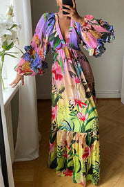 Jessy Tropical Print Tiered Ruffle Balloon Sleeve Vacation Maxi Dress