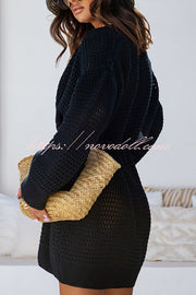 Solid Color Hollow Long Sleeve Loose Waist Tie Knitted Cardigan
