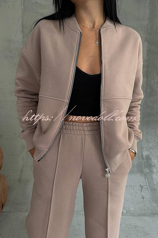 Solid Color Casual Long Sleeve Zipper Jacket and Elastic Waist Pocket Wide Leg Pants Set