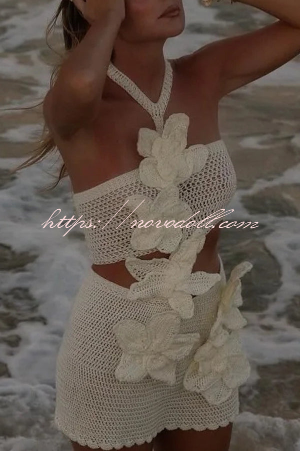 Mermaid Song Crochet Knit Three Dimensional Halterneck Cutout Stretch Mini Dress