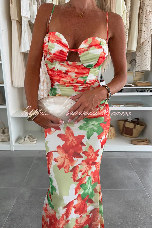 Irresistibly Chic Mesh Botanical Print Cut Out Bust Ruched Stretch Maxi Dress