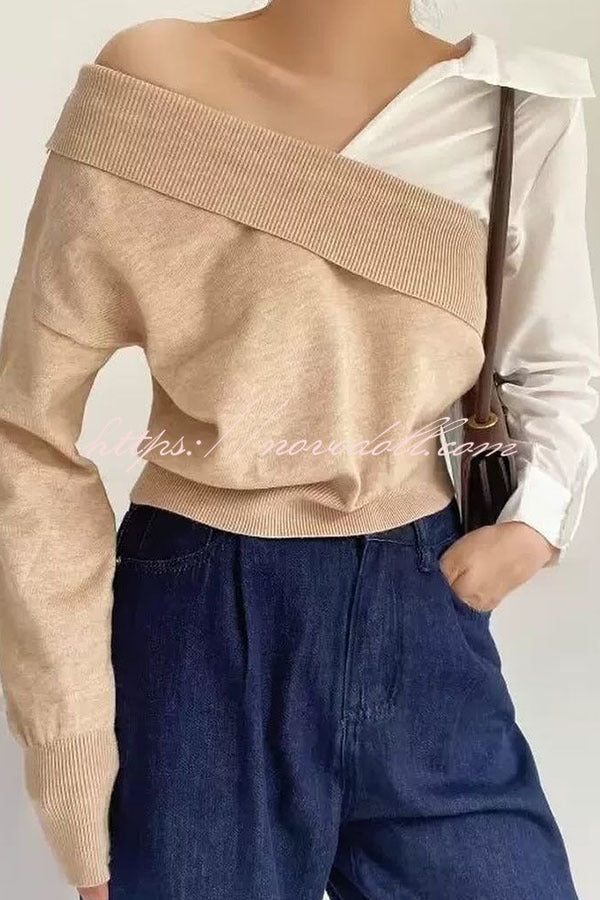 Stylish Patchwork Contrasting Long-sleeved V-neck Casual Sweater