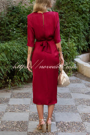 Satin Solid Color Round Neck Half Sleeve Waist Midi Dress