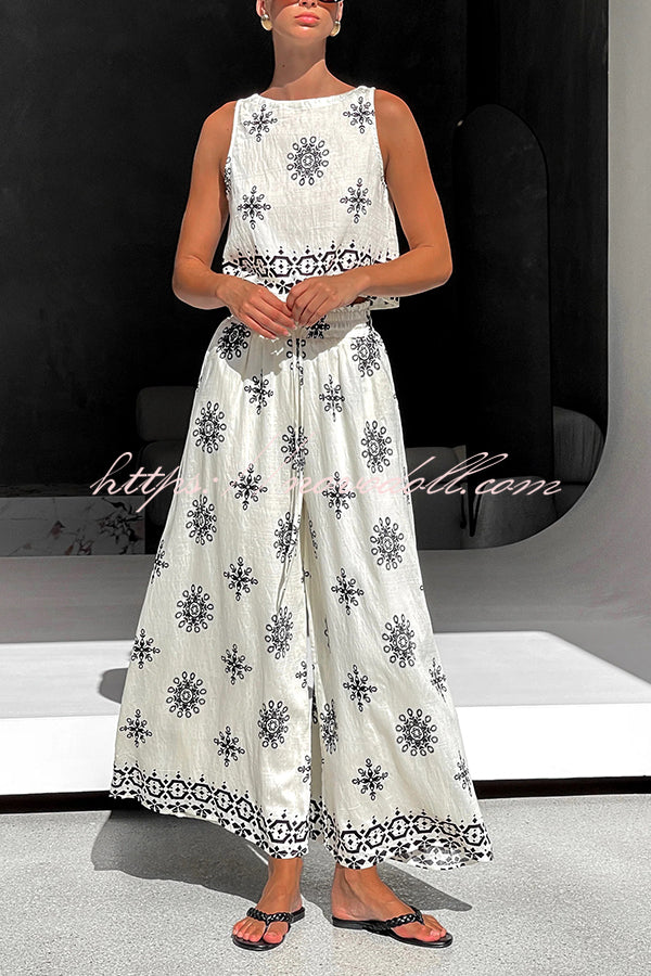 Unique Printed Round Neck Sleeveless Button Top and Elastic Waist Pocket Wide Leg Pants Set