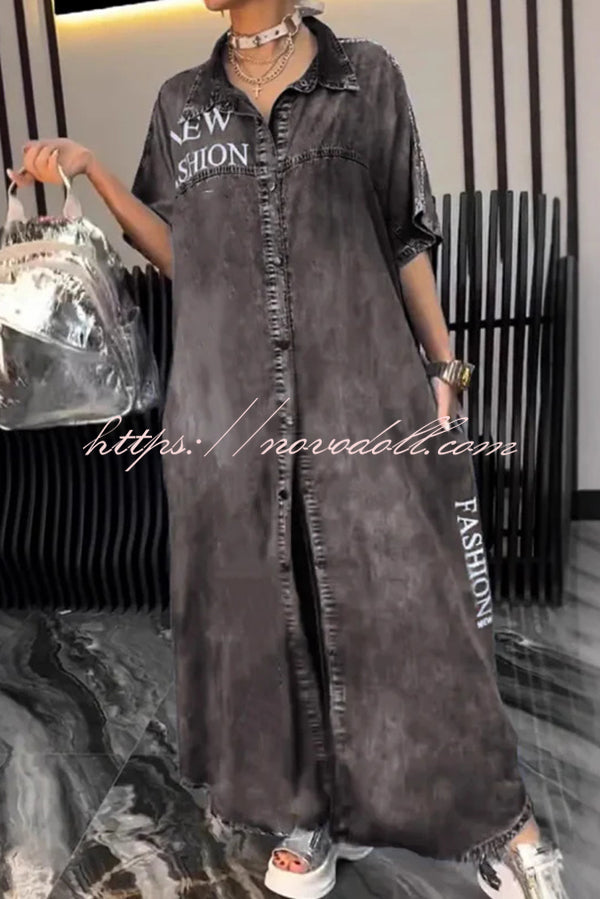 Fashion Letter Print Lapel Cardigan Loose Maxi Dress