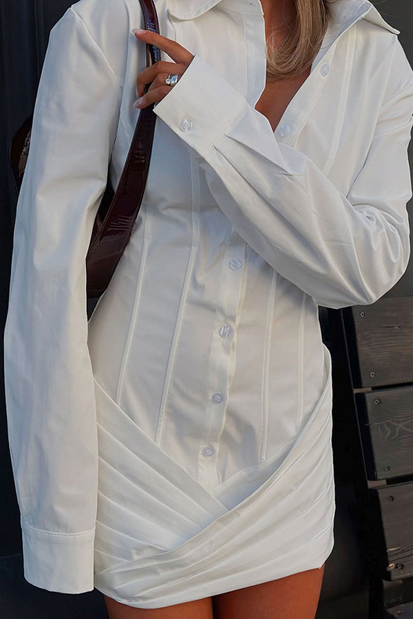 Fashion Long-sleeved Elegant Pleated Slim-fit Mini Dress