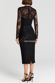 Mylene Lace Corset Cut Sweetheart Tie-up Neck Sheer Long Sleeve Slit Midi Dress
