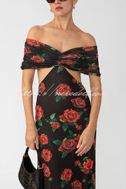 Rose Print Sexy Strapless Backless Slim Maxi Dress