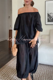 Comfortable Area Chiffon Off Shoulder Balloon Sleeve Top and Elastic Waist Knotted Bloomer Set
