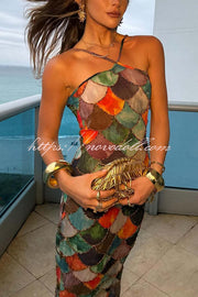 Little Mermaid Colorful Scales Print Halter Maxi Dress