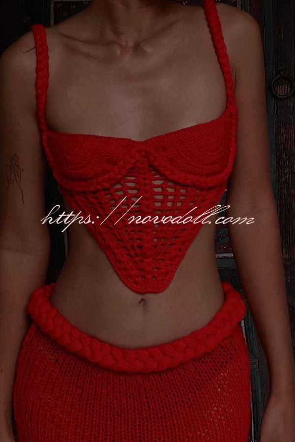 Sumui Hollow Crochet Knit Braid Detail V-shaped Hem Crop Vacation Tank