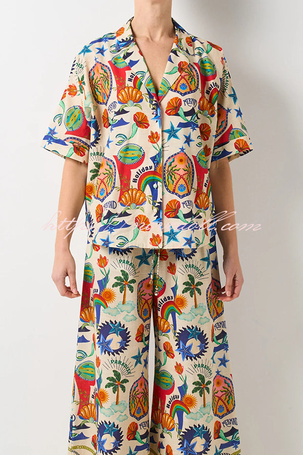 Linen Blend Unique Print Loose Short Sleeve Shirt and Elastic Waist Tie Pocket Pants Set