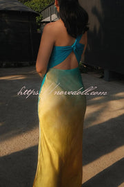 Satin Ombre One Shoulder Backless Fitted Maxi Dress