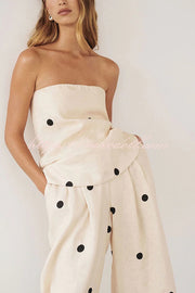 Linen Blend Polka Dot Bandeau Top and Elastic Waist Pocket Wide Leg Pants Set