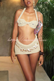 Sexy Halterneck Pearl-embellished Lace-up Tank and Fitted Knit Mini Skirt Set