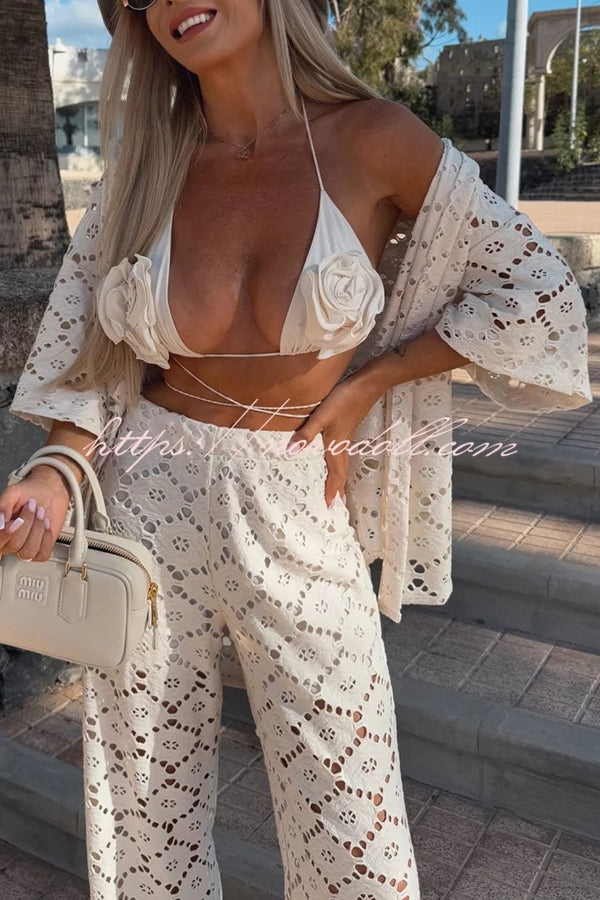 Holiday Crochet Flowers Lace Short Sleeve Shirt and Elastic Waist Wide Leg Pants Set