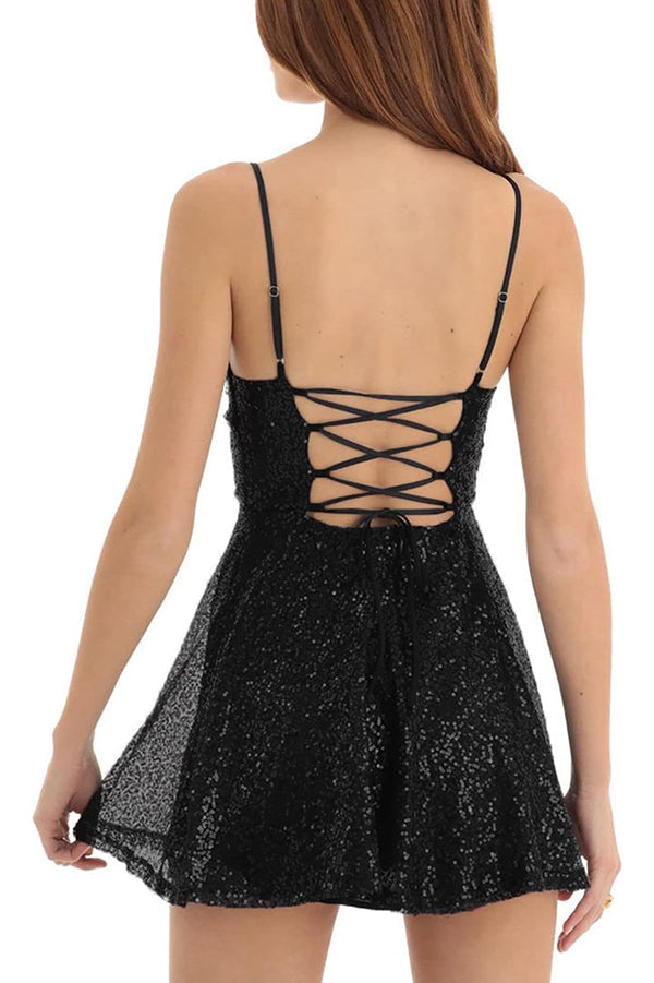 Stylish and Sexy Sequin Sling Backless Lace-up Mini Dress