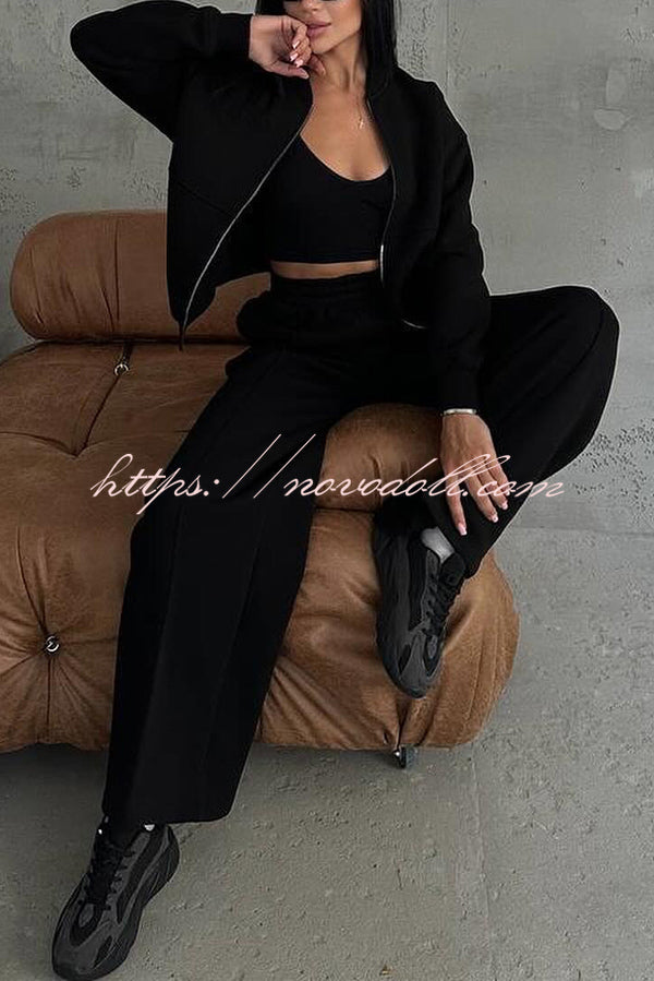 Solid Color Casual Long Sleeve Zipper Jacket and Elastic Waist Pocket Wide Leg Pants Set