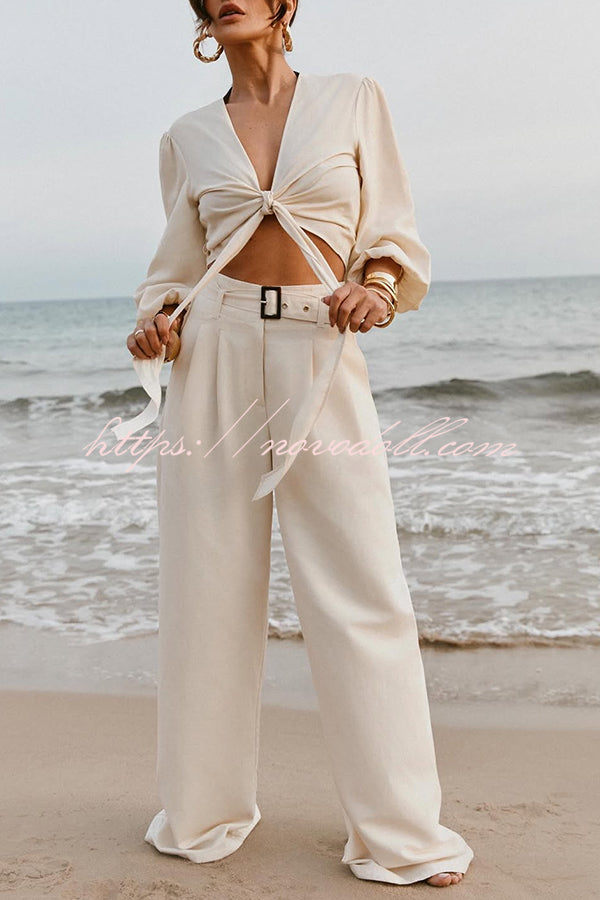 Lets Go Out Linen Blend Balloon Sleeve Wrap Tie-up Loose Top