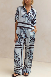 Fashionable Plant Print Loose Lapel Short Sleeve Shirt and Casual Elastic Waist Pocket Pants Set