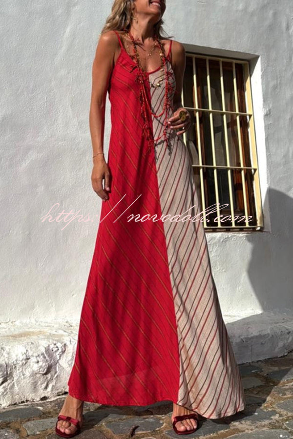 Fashionable Splicing V-neck Suspenders Loose Maxi Dress