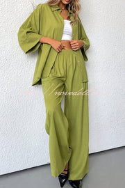 Solid Color Loose Casual Shirt and Elastic Waist Pocket Wide Leg Pants Set