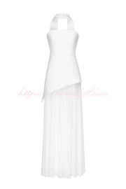 Monaco Off Shoulder Structured Top Chiffon Slit Hem Scarf Maxi Dress
