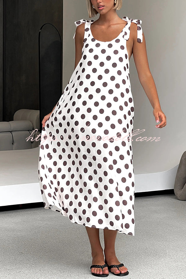 Polka Dot Print Suspenders Strappy Backless Loose Pocket Midi Dress