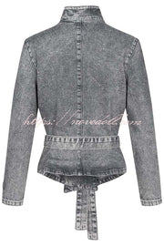 Casual Meetup Denim Stand Neck Long Sleeve Belted Loose Jacket